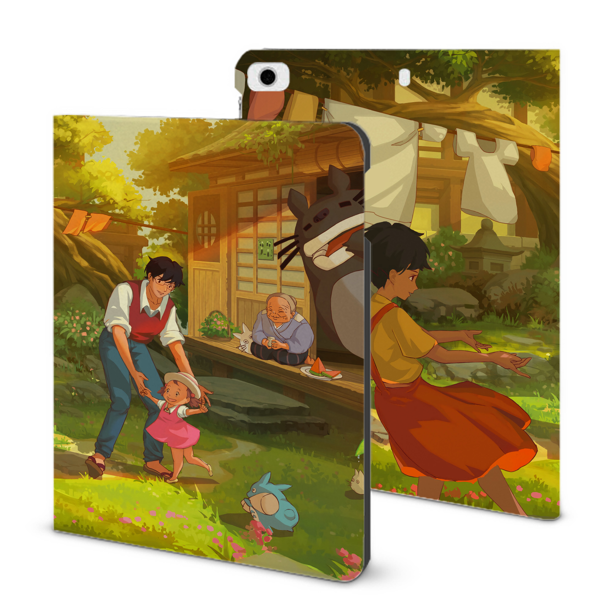 （画像用） となりのトトロ 草壁メイ 草壁サツキ My Neighbor Totoro Satsuki Kusakabe Mei Kusakabe IPad ケース ブック型 PUレザー TPU 耐衝撃 軽量 薄型 ペン収納なし 全面保護 IPad 各モデル対応